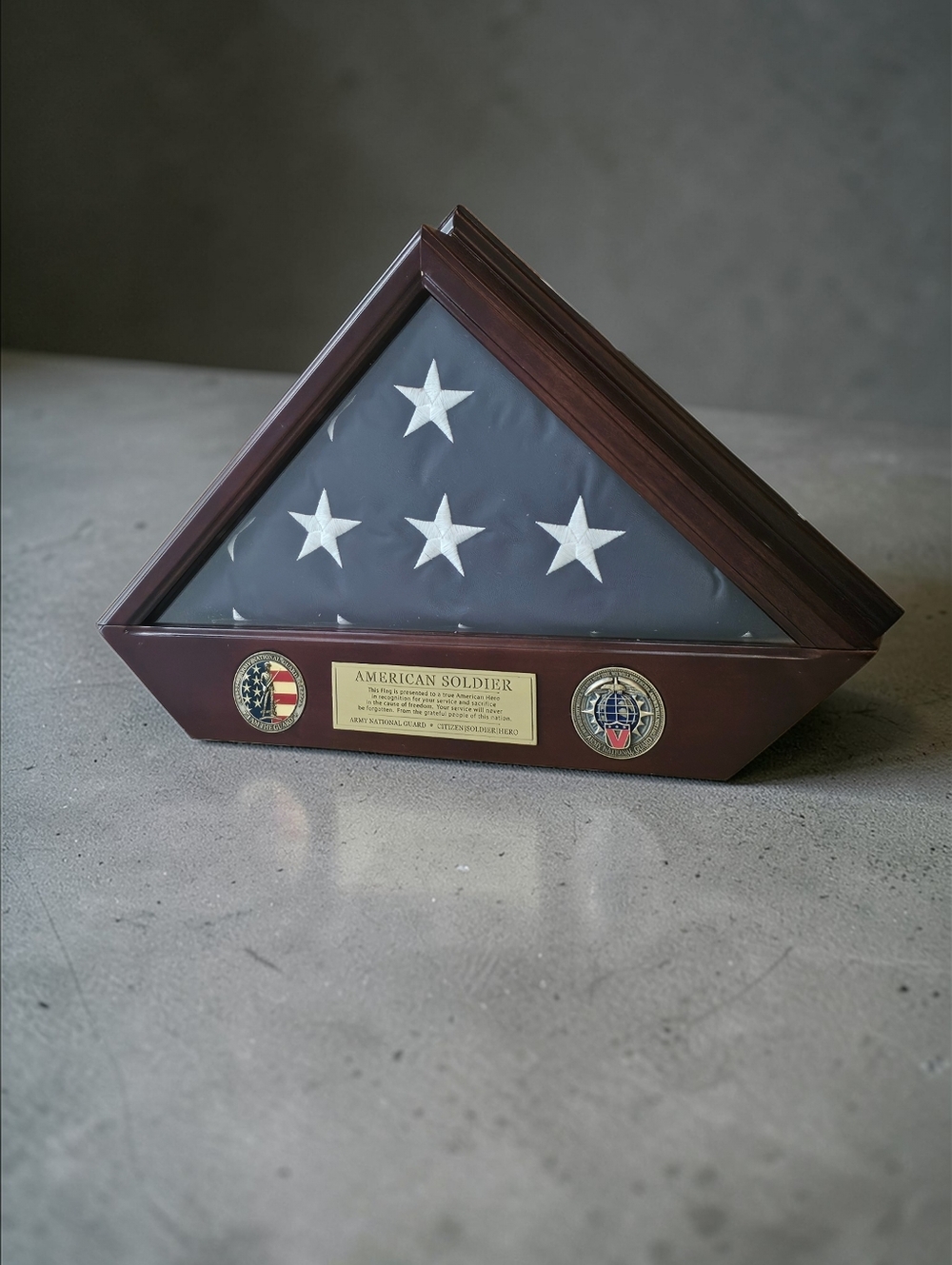 National Guard Soldier American Flag Display Case with Stars and Coins Memorial